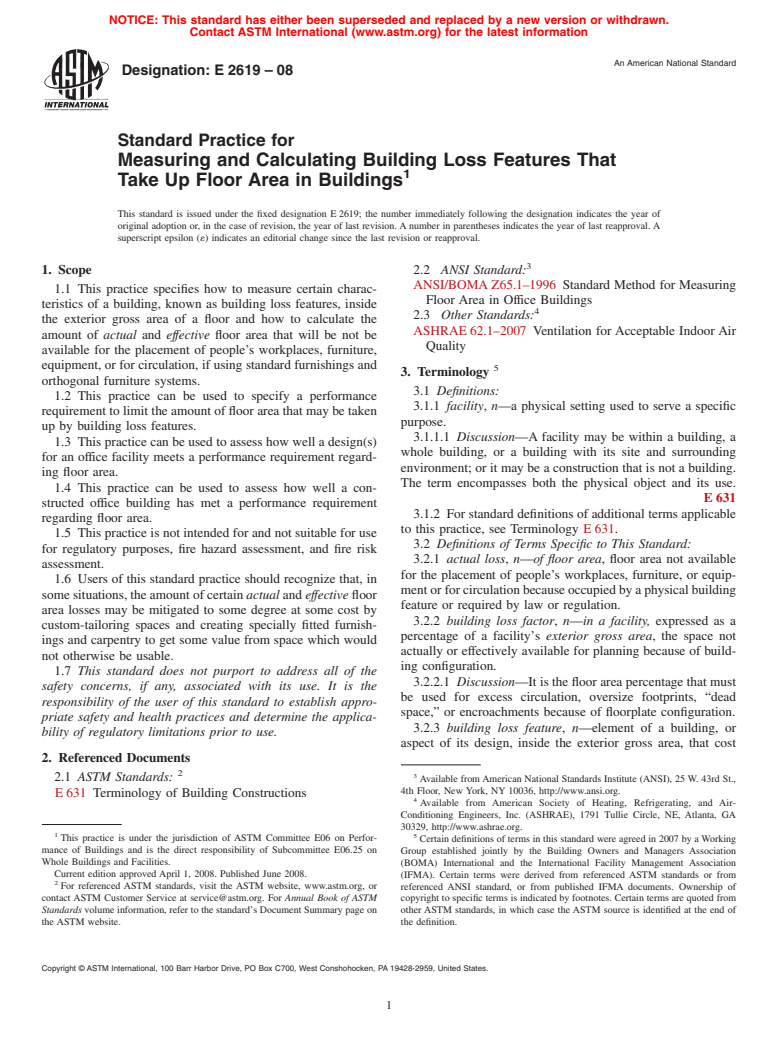 ASTM E2619-08 - Standard Practice for Measuring and Calculating Building Loss Features That Take Up Floor Area in Buildings