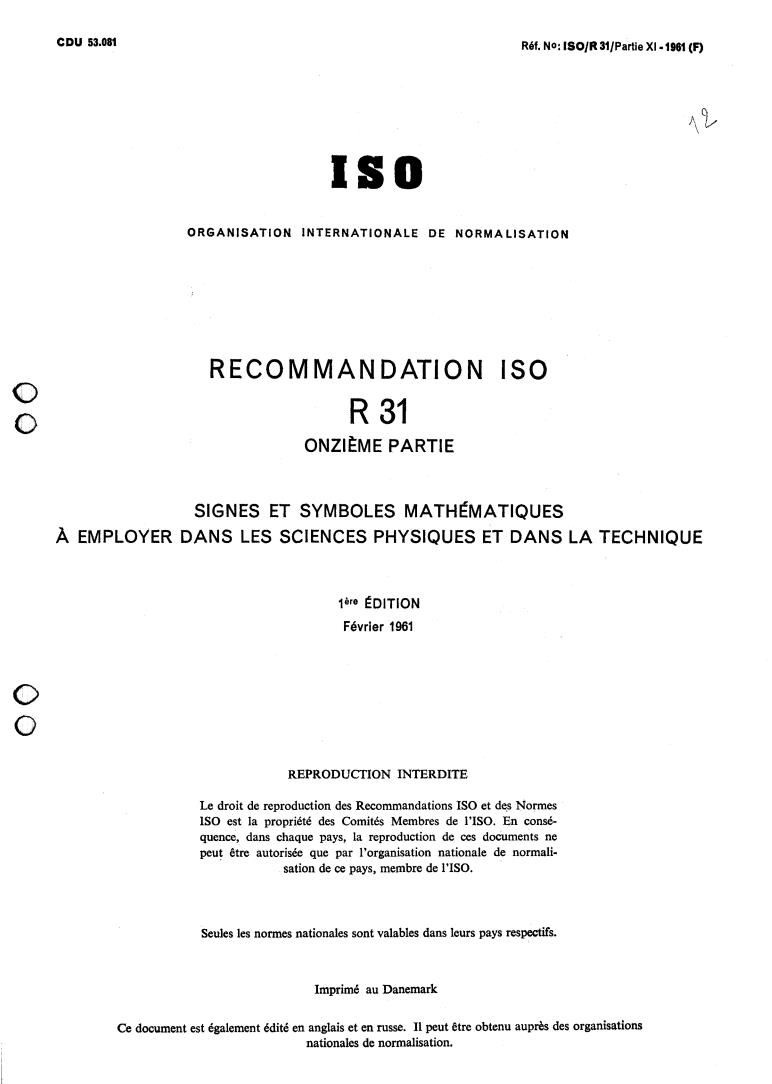 ISO/R 31-11:1961 - Title missing - Legacy paper document
Released:1/1/1961