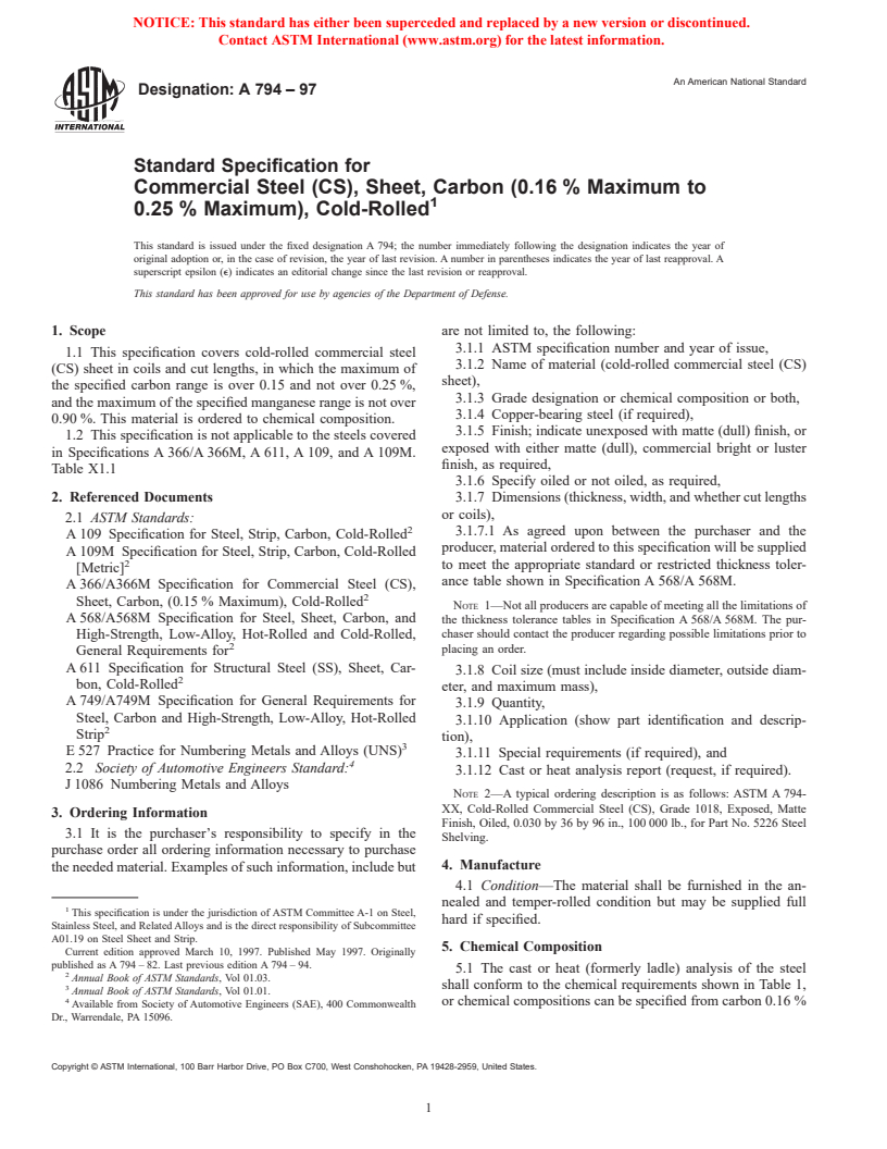 ASTM A794-97 - Standard Specification for Commercial Steel (CS), Sheet, Carbon (0.16% Maximum to 0.25% Maximum), Cold-Rolled