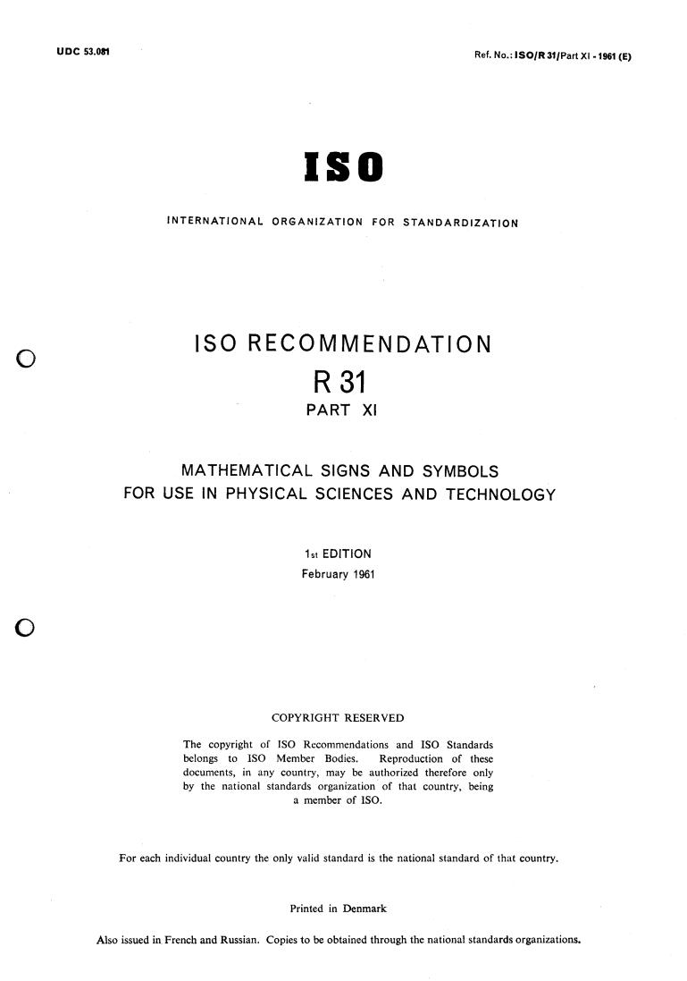 ISO/R 31-11:1961 - Title missing - Legacy paper document
Released:1/1/1961