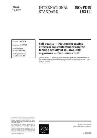 ISO 18311:2016 - Soil quality -- Method for testing effects of soil contaminants on the feeding activity of soil dwelling organisms -- Bait-lamina test