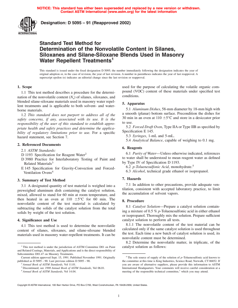 ASTM D5095-91(2002) - Standard Test Method for Determination of the Nonvolatile Content in Silanes, Siloxanes and Silane-Siloxane Blends Used in Masonry Water Repellent Treatments