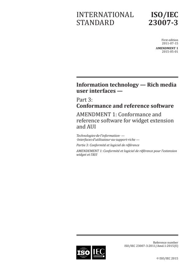 ISO/IEC 23007-3:2011/Amd 1:2015 - Conformance and reference software for widget extension and AUI