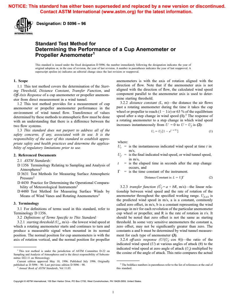 ASTM D5096-96 - Standard Test Method for Determining the Performance of a Cup Anemometer or Propeller Anemometer