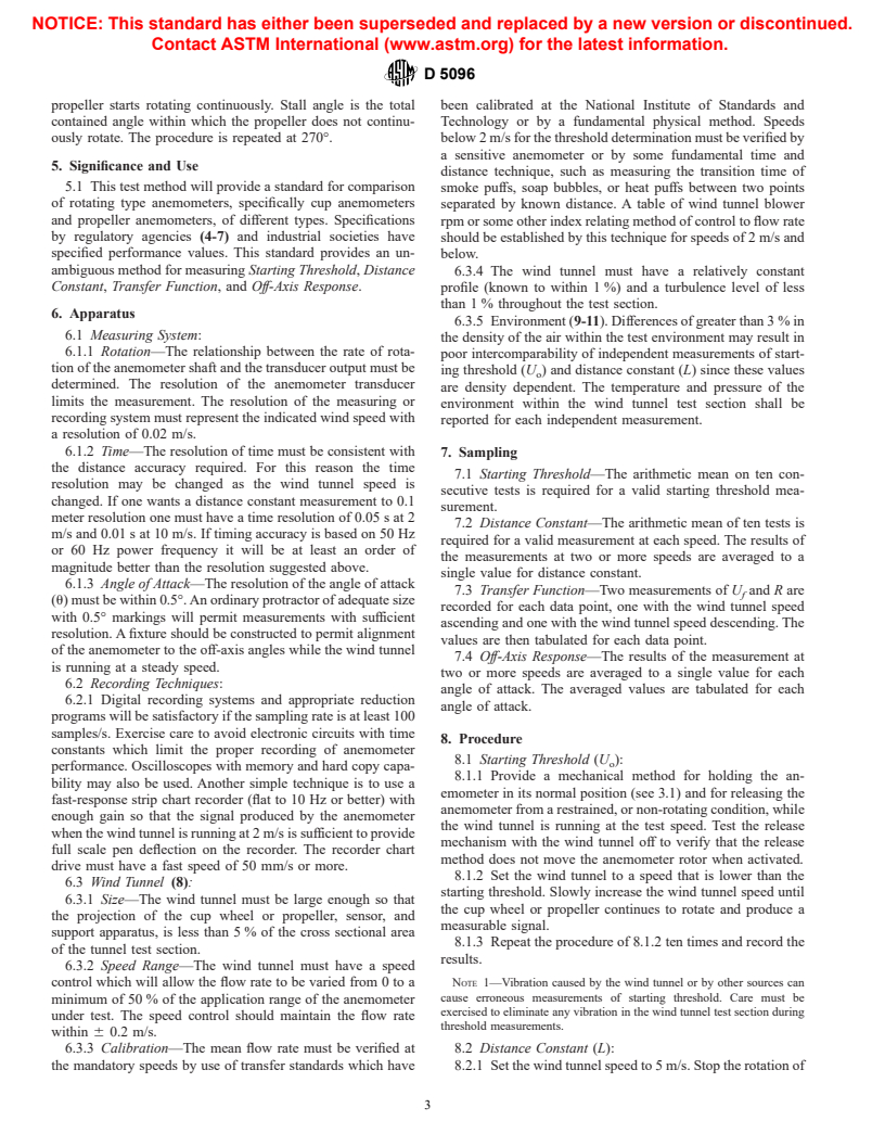 ASTM D5096-96 - Standard Test Method for Determining the Performance of a Cup Anemometer or Propeller Anemometer