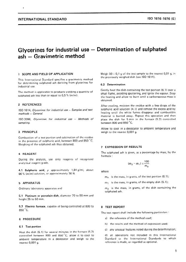 ISO 1616:1976 - Glycerines for industrial use -- Determination of sulphated ash -- Gravimetric method