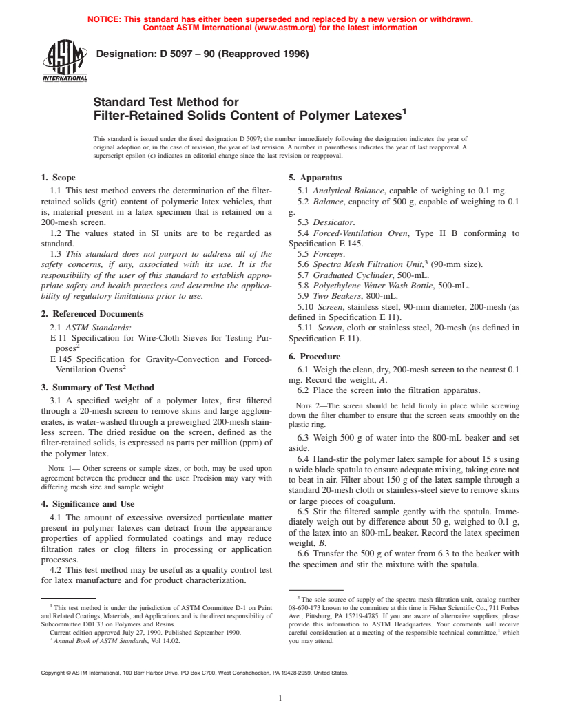 ASTM D5097-90(1996) - Standard Test Method for Filter-Retained Solids Content of Polymer Latexes (Withdrawn 2004)