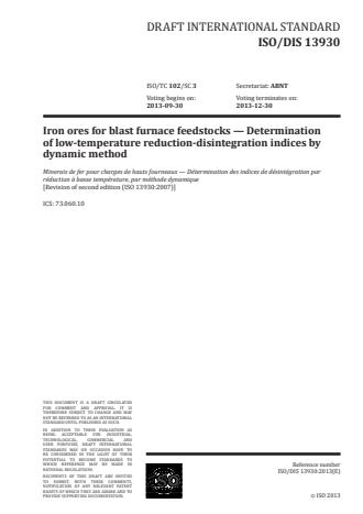 ISO 13930:2015 - Iron ores for blast furnace feedstocks -- Determination of low-temperature reduction-disintegration indices by dynamic method