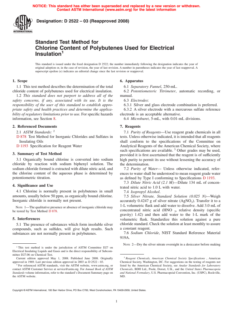 ASTM D2522-03(2008) - Standard Test Method for  Chlorine Content of Polybutenes Used for Electrical Insulation