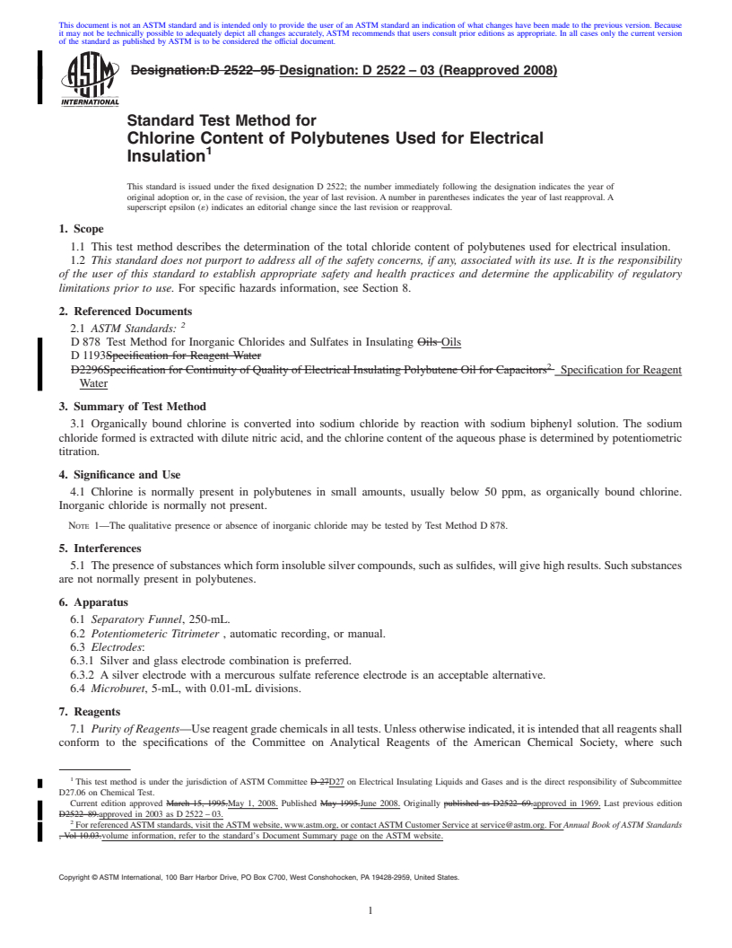 REDLINE ASTM D2522-03(2008) - Standard Test Method for  Chlorine Content of Polybutenes Used for Electrical Insulation