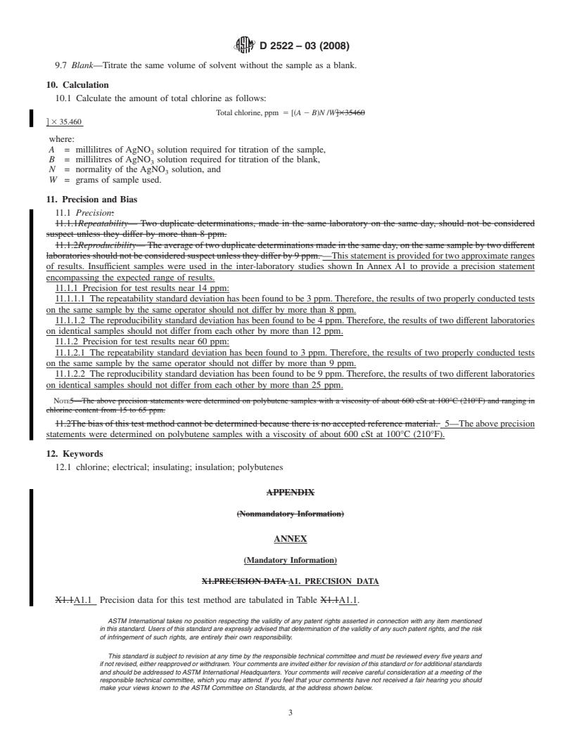 REDLINE ASTM D2522-03(2008) - Standard Test Method for  Chlorine Content of Polybutenes Used for Electrical Insulation