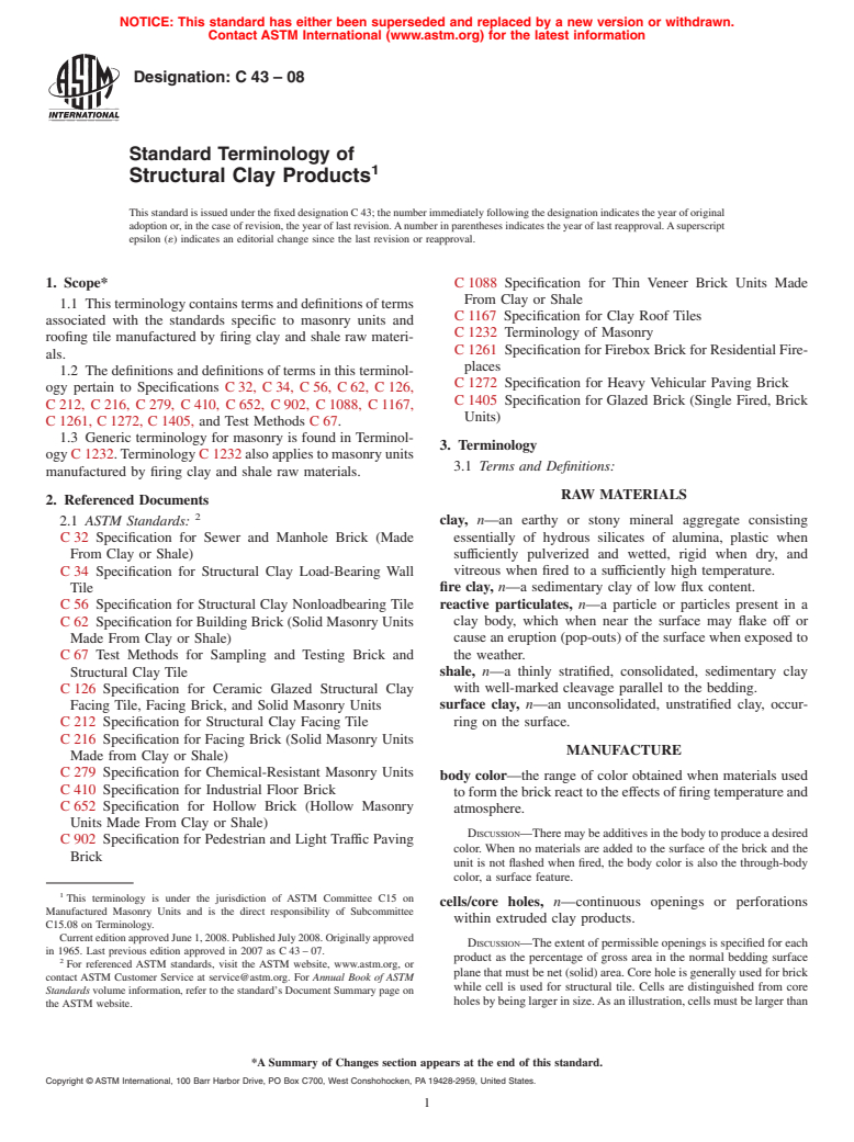 ASTM C43-08 - Standard Terminology of  Structural Clay Products (Withdrawn 2009)