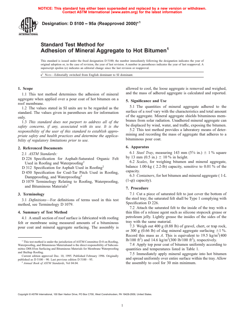 ASTM D5100-95a(2000)e1 - Standard Test Method for Adhesion of Mineral Aggregate to Hot Bitumen