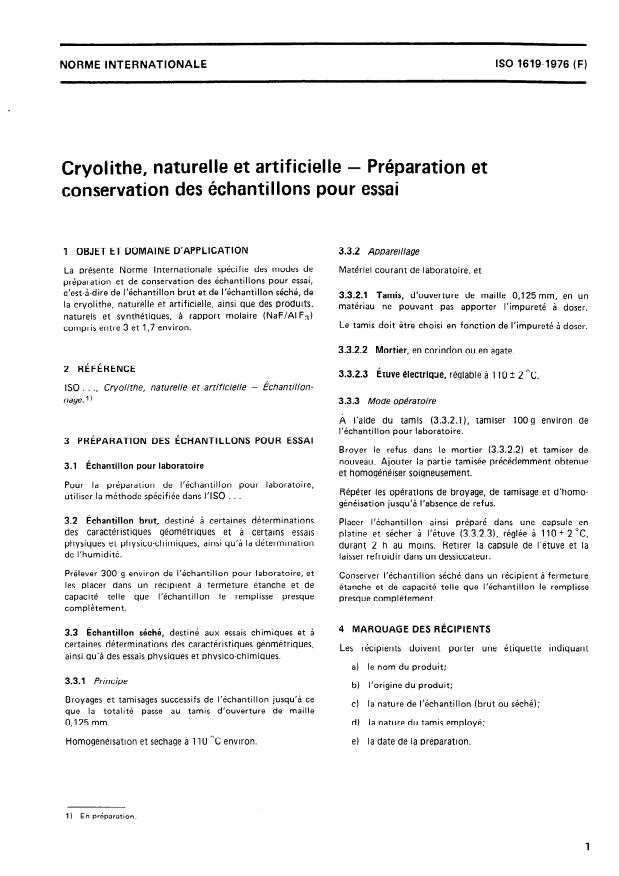 ISO 1619:1976 - Cryolithe, naturelle et artificielle -- Préparation et conservation des échantillons pour essai