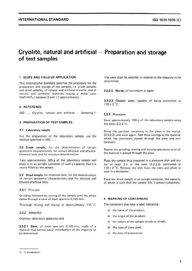ISO 1619:1976 - Cryolite, natural and artificial -- Preparation and storage of test samples