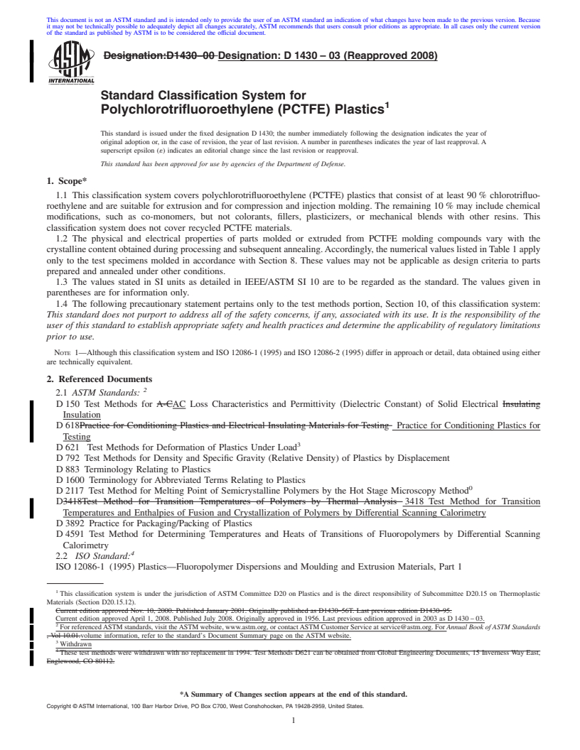 REDLINE ASTM D1430-03(2008) - Standard Classification System for  Polychlorotrifluoroethylene (PCTFE) Plastics