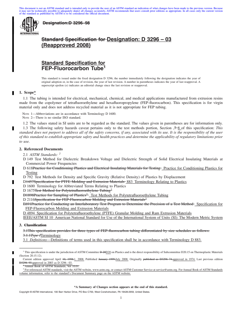 REDLINE ASTM D3296-03(2008) - Standard Specification for FEP-Fluorocarbon Tube