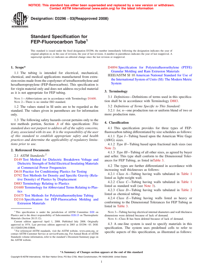 ASTM D3296-03(2008) - Standard Specification for FEP-Fluorocarbon Tube