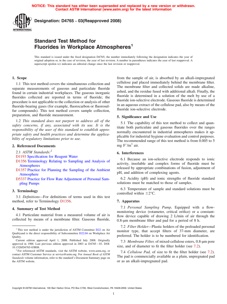 ASTM D4765-03(2008) - Standard Test Method for Fluorides in Workplace Atmospheres