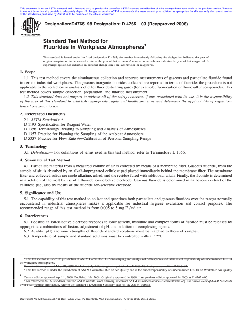 REDLINE ASTM D4765-03(2008) - Standard Test Method for Fluorides in Workplace Atmospheres