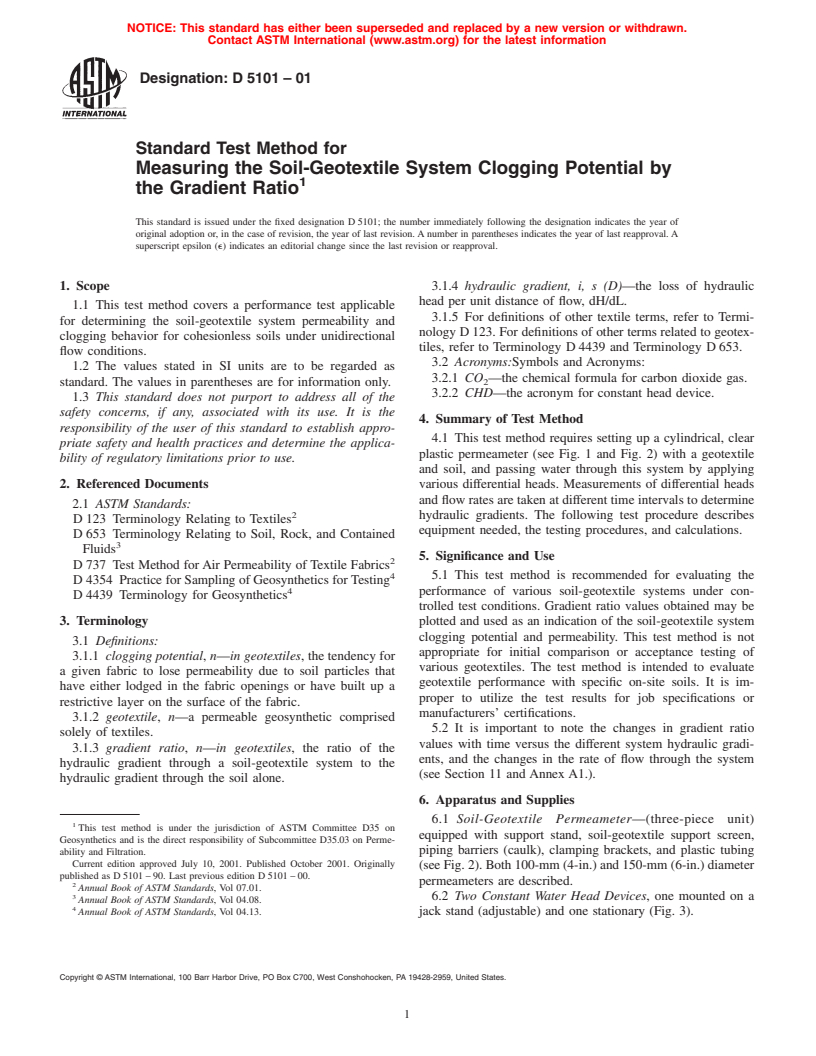 ASTM D5101-01 - Standard Test Method for Measuring the Soil-Geotextile System Clogging Potential by the Gradient Ratio