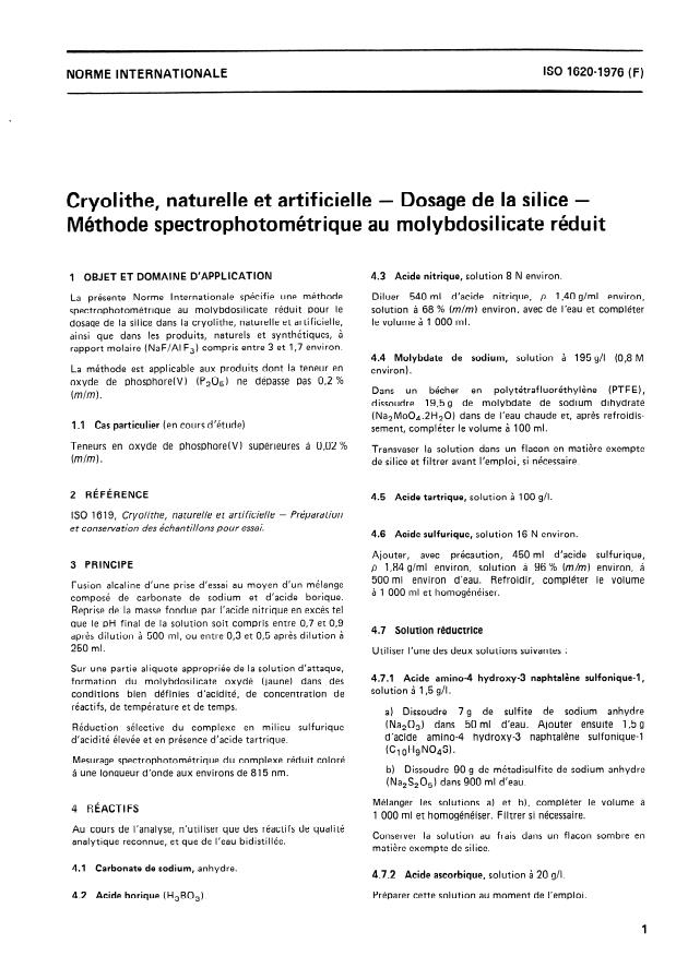ISO 1620:1976 - Cryolithe, naturelle et artificielle -- Dosage de la silice -- Méthode spectrophotométrique au molybdosilicate réduit