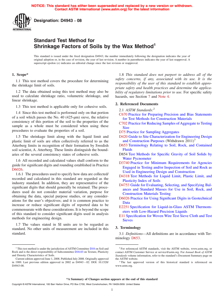 ASTM D4943-08 - Standard Test Method for Shrinkage Factors of Soils by the Wax Method (Withdrawn 2017)