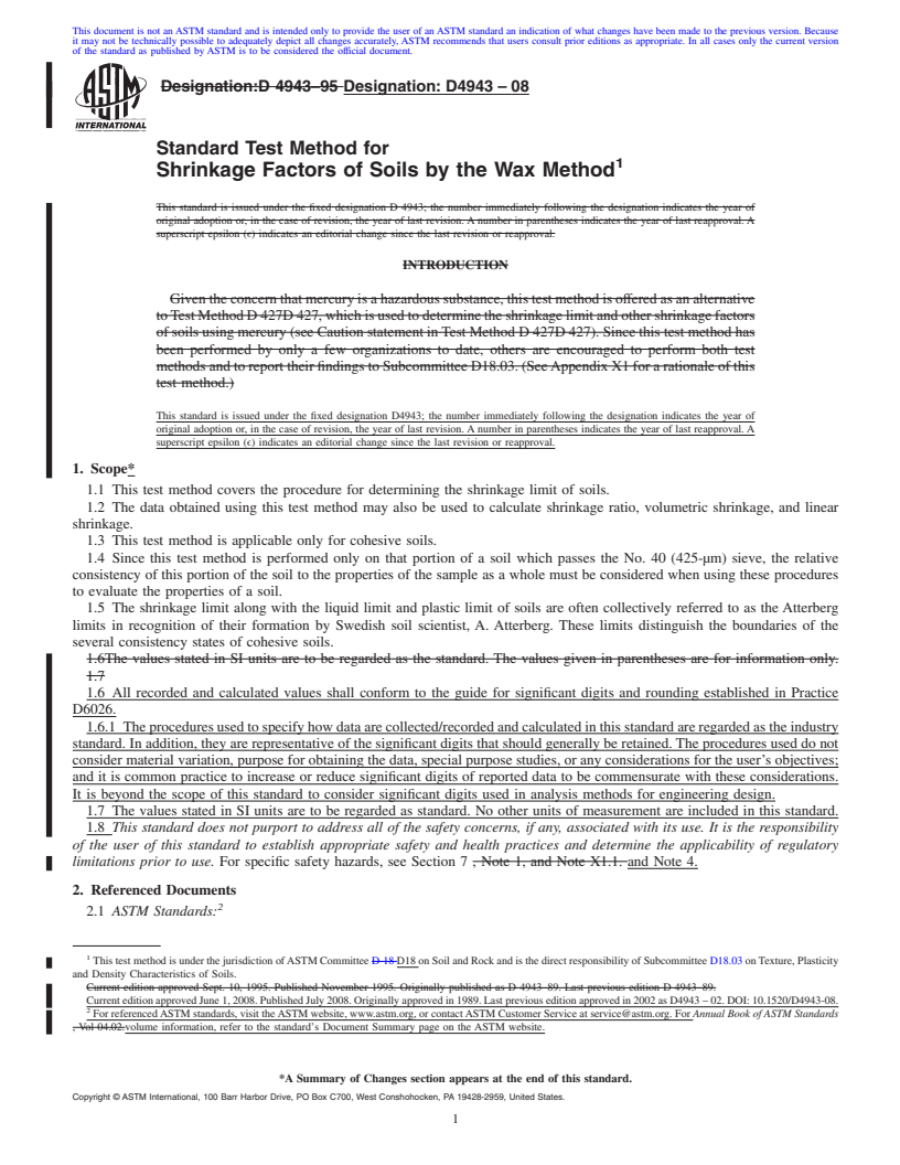 REDLINE ASTM D4943-08 - Standard Test Method for Shrinkage Factors of Soils by the Wax Method (Withdrawn 2017)