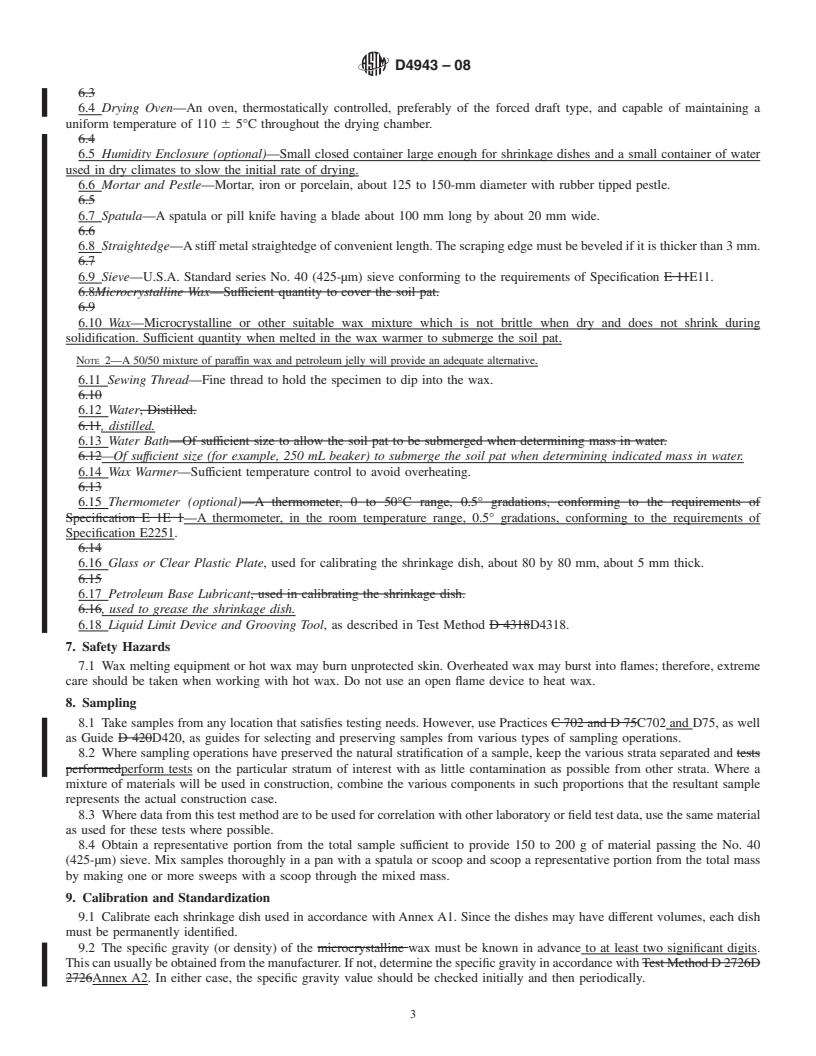 REDLINE ASTM D4943-08 - Standard Test Method for Shrinkage Factors of Soils by the Wax Method (Withdrawn 2017)