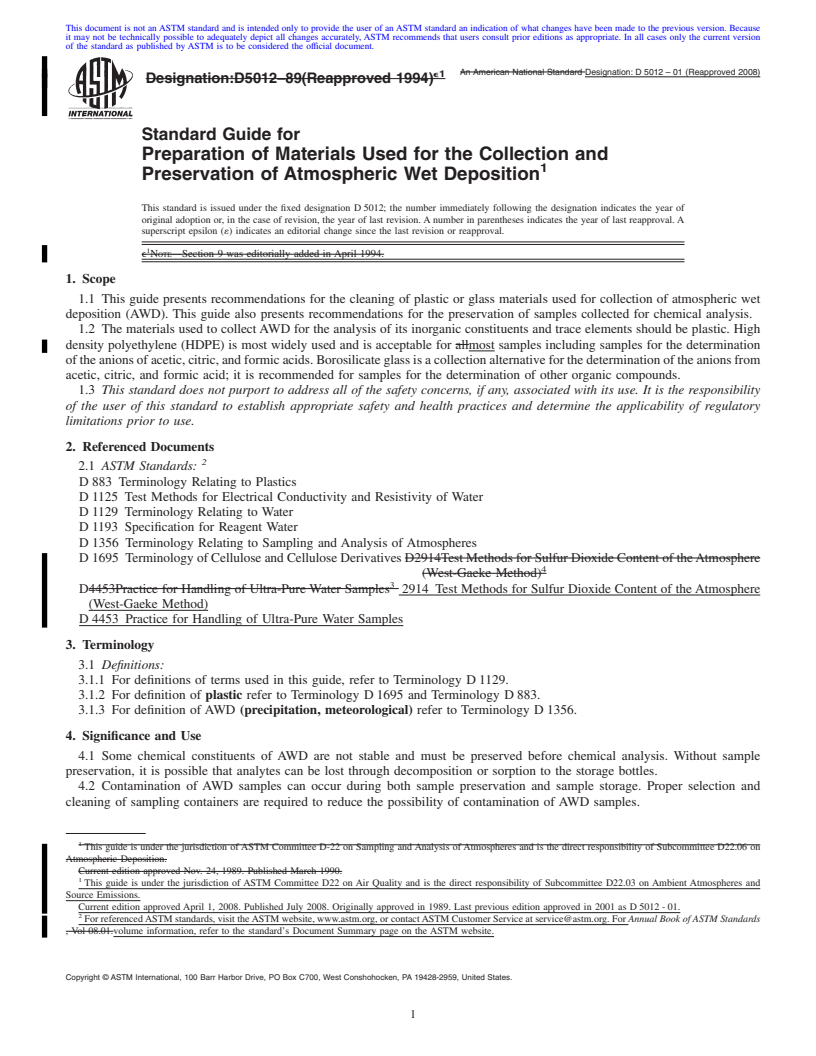 REDLINE ASTM D5012-01(2008) - Standard Guide for Preparation of Materials Used for the Collection and Preservation of Atmospheric Wet Deposition