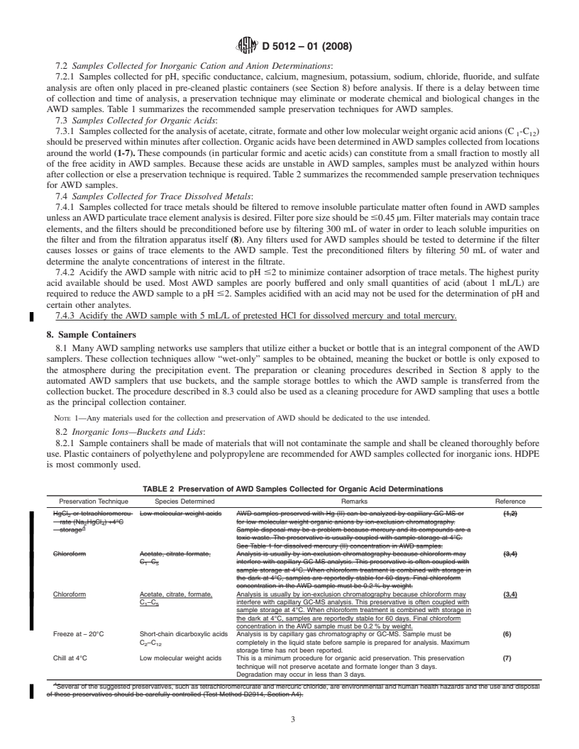 REDLINE ASTM D5012-01(2008) - Standard Guide for Preparation of Materials Used for the Collection and Preservation of Atmospheric Wet Deposition