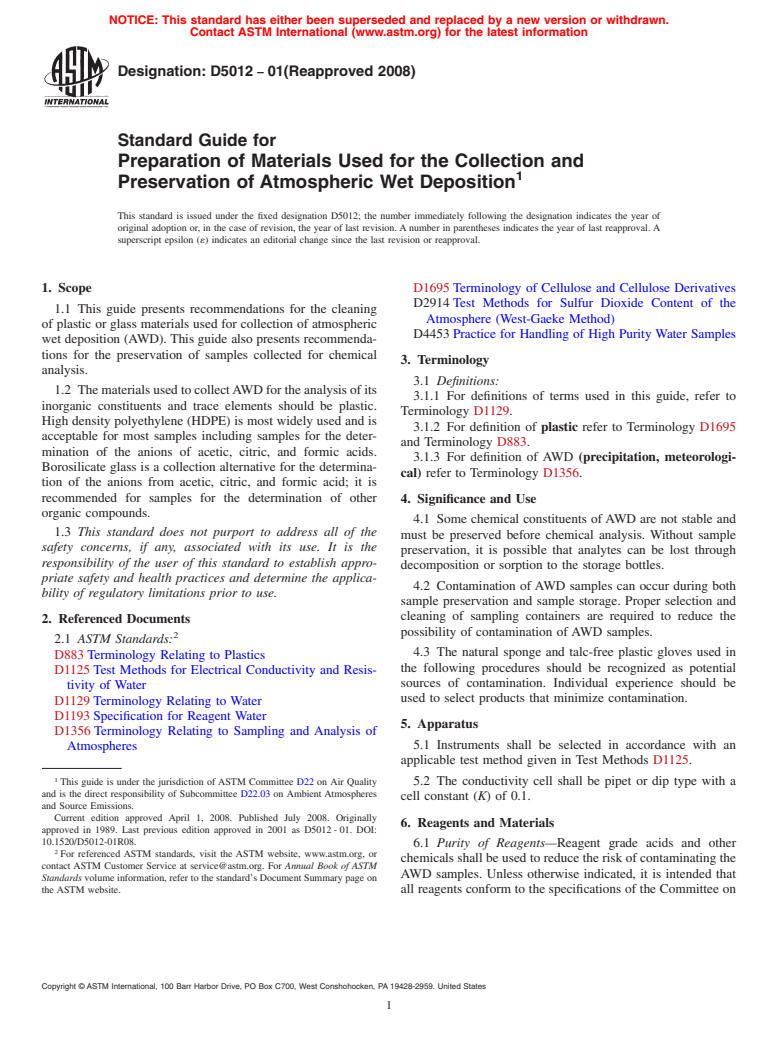 ASTM D5012-01(2008) - Standard Guide for Preparation of Materials Used for the Collection and Preservation of Atmospheric Wet Deposition