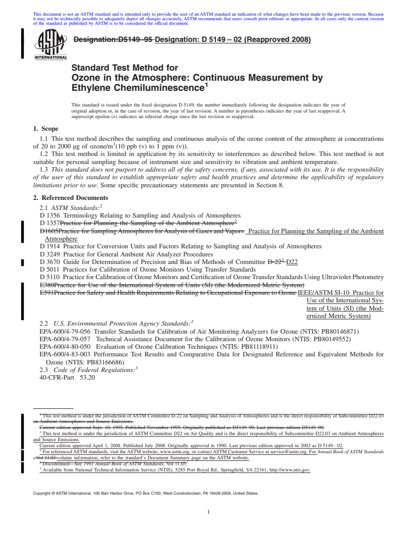 REDLINE ASTM D5149-02(2008) - Standard Test Method for Ozone in the Atmosphere: Continuous Measurement by Ethylene Chemiluminescence