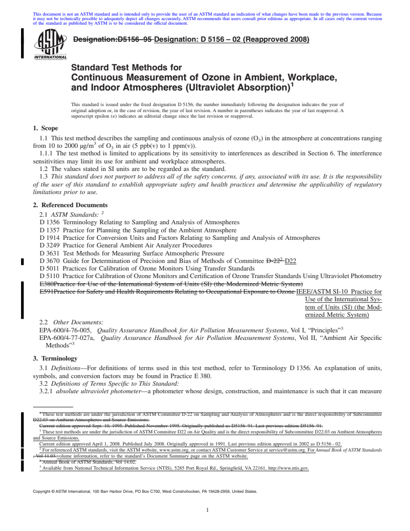 REDLINE ASTM D5156-02(2008) - Standard Test Methods for Continuous Measurement of Ozone in Ambient, Workplace, and Indoor Atmospheres (Ultraviolet Absorption)