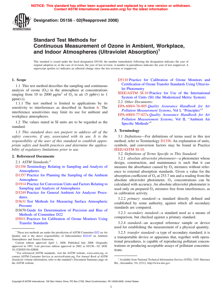 ASTM D5156-02(2008) - Standard Test Methods for Continuous Measurement of Ozone in Ambient, Workplace, and Indoor Atmospheres (Ultraviolet Absorption)