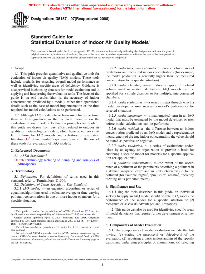 ASTM D5157-97(2008) - Standard Guide for Statistical Evaluation of Indoor Air Quality Models