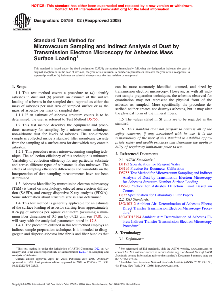 ASTM D5756-02(2008) - Standard Test Method for  Microvacuum Sampling and Indirect Analysis of Dust by Transmission Electron Microscopy for Asbestos Mass Surface Loading (Withdrawn 2017)