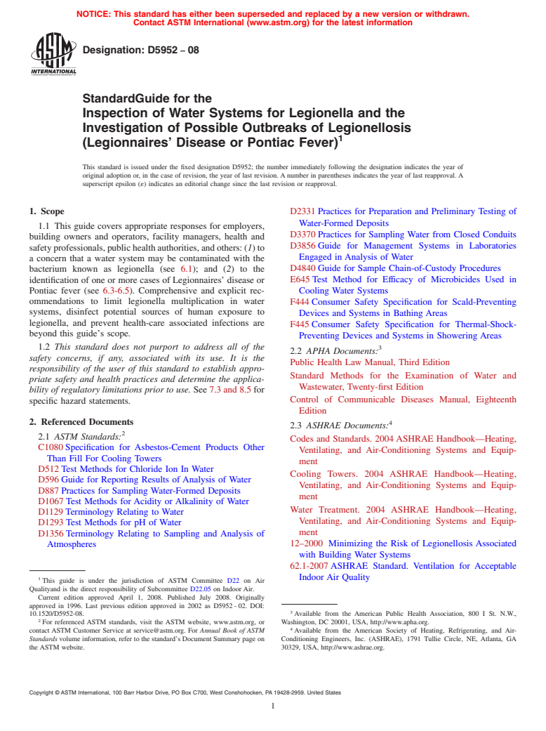 ASTM D5952-08 - Standard Guide for the Inspection of Water Systems for Legionella and the Investigation of Possible Outbreaks of Legionellosis (Legionnaires' Disease or Pontiac Fever)