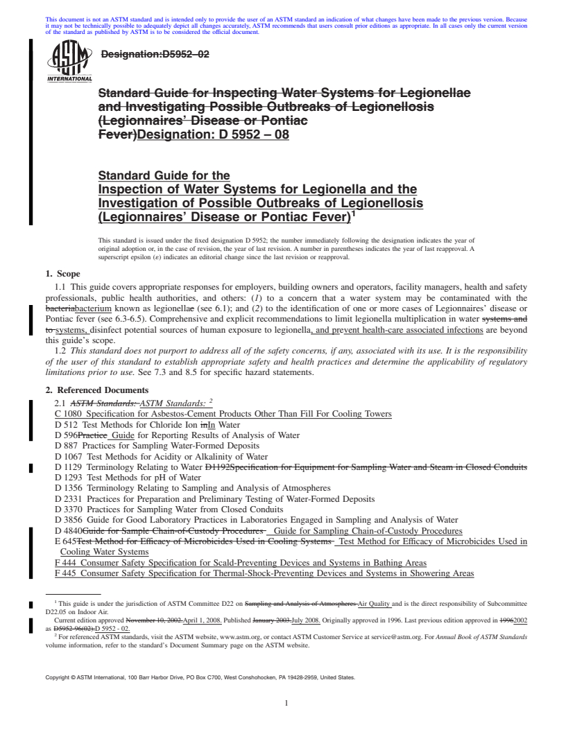 REDLINE ASTM D5952-08 - Standard Guide for the Inspection of Water Systems for Legionella and the Investigation of Possible Outbreaks of Legionellosis (Legionnaires' Disease or Pontiac Fever)