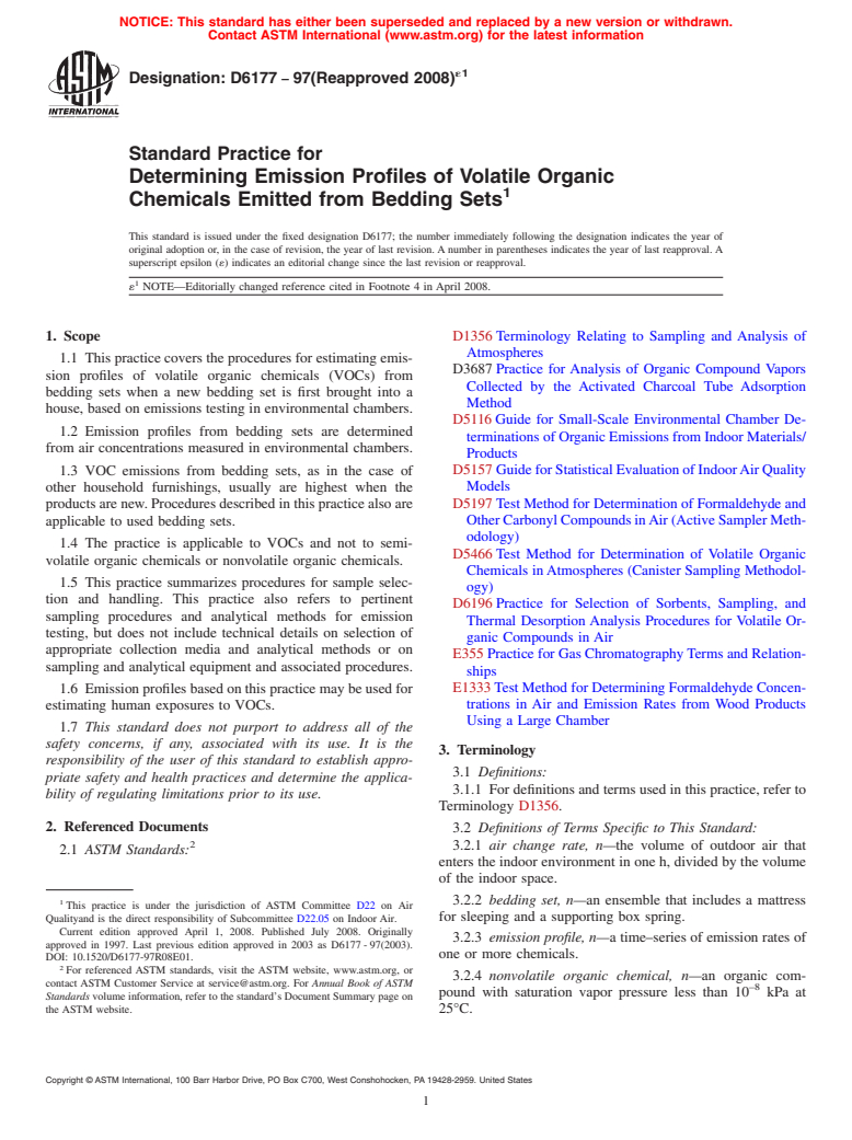 ASTM D6177-97(2008)e1 - Standard Practice for Determining Emission Profiles of Volatile Organic Chemicals Emitted from Bedding Sets