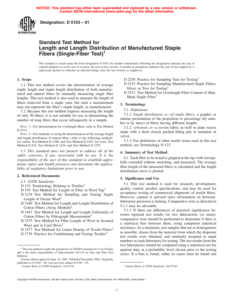 ASTM D5103-01 - Standard Test Method for Length and Length Distribution of Manufactured Staple Fibers (Single-Fiber Test)