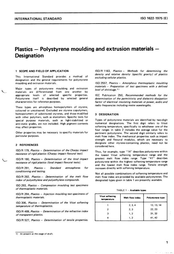 ISO 1622:1975 - Plastics -- Polystyrene moulding and extrusion materials -- Designation