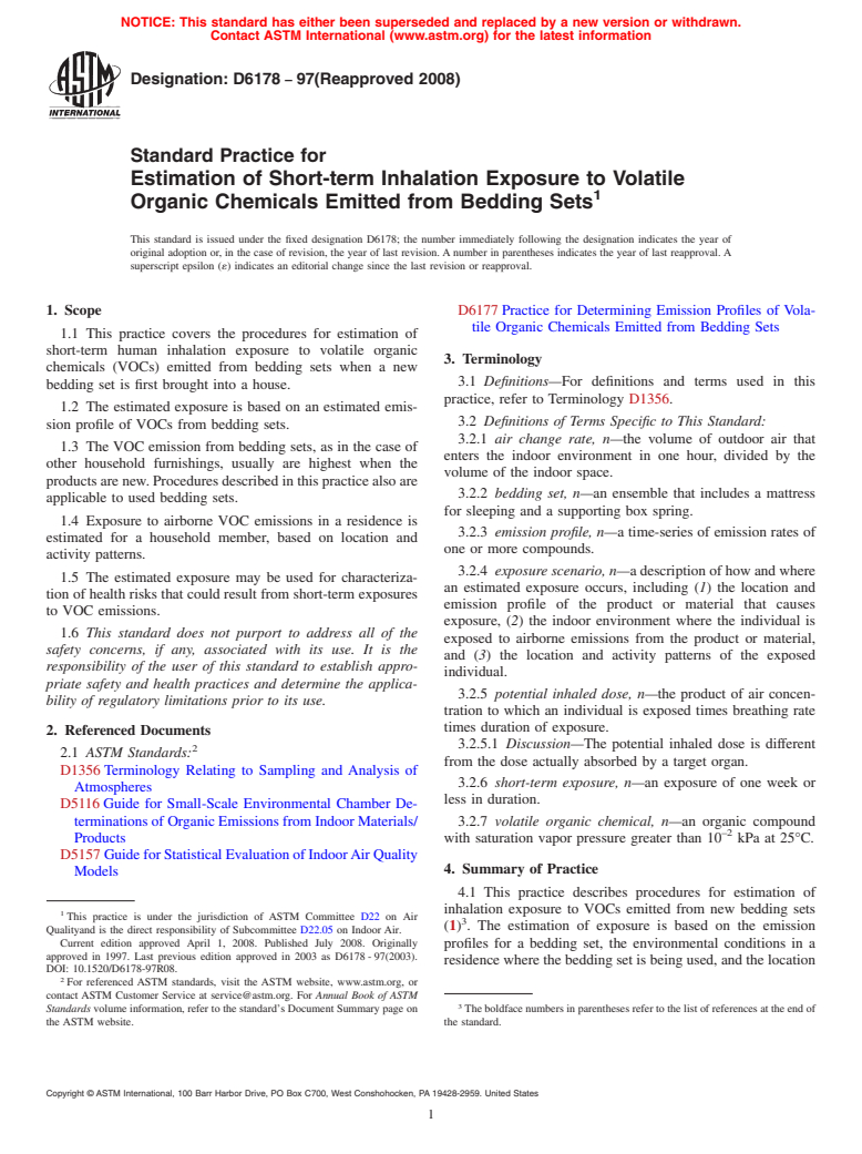 ASTM D6178-97(2008) - Standard Practice for Estimation of Short-term Inhalation Exposure to Volatile Organic Chemicals Emitted from Bedding Sets