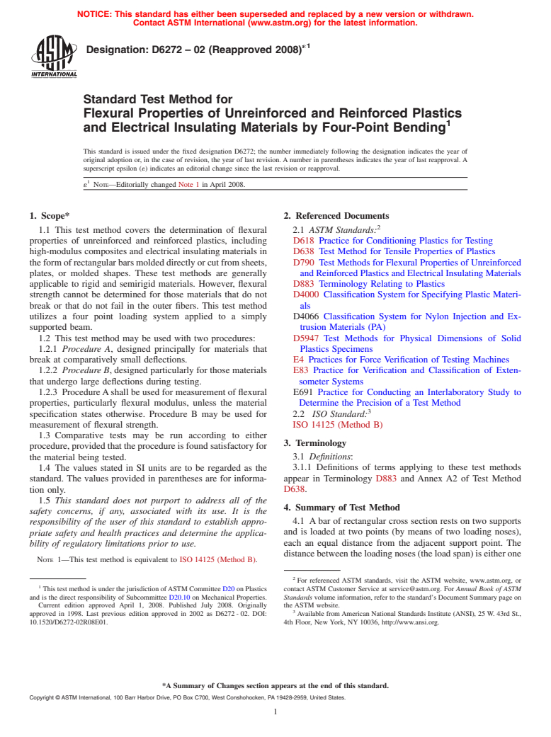 ASTM D6272-02(2008)e1 - Standard Test Method for Flexural Properties of Unreinforced and Reinforced Plastics and Electrical Insulating Materials by Four-Point Bending