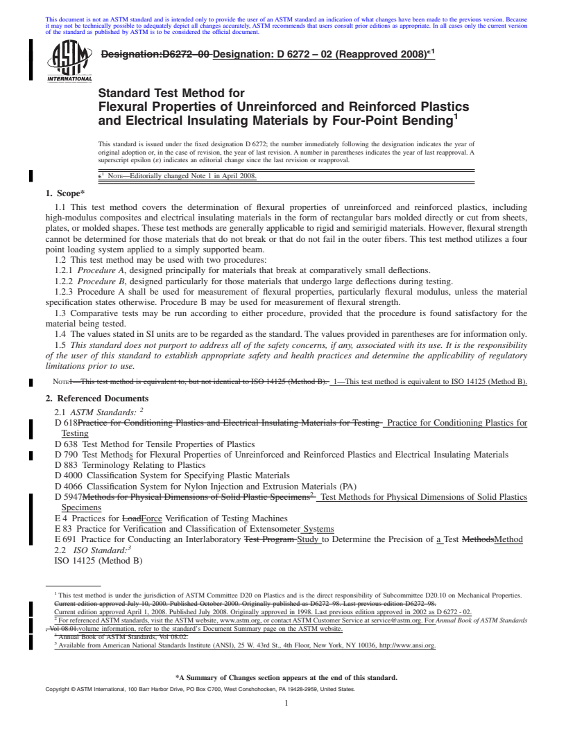 REDLINE ASTM D6272-02(2008)e1 - Standard Test Method for Flexural Properties of Unreinforced and Reinforced Plastics and Electrical Insulating Materials by Four-Point Bending