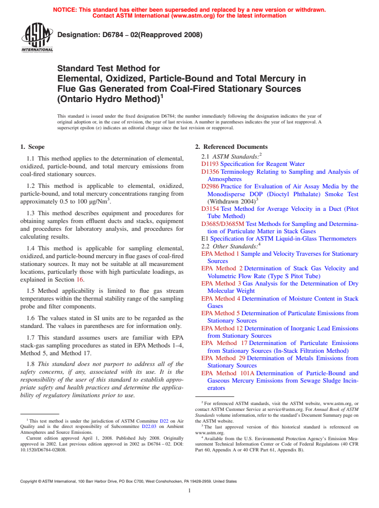 ASTM D6784-02(2008) - Standard Test Method for Elemental, Oxidized, Particle-Bound and Total Mercury in Flue Gas Generated from Coal-Fired Stationary Sources (Ontario Hydro Method)