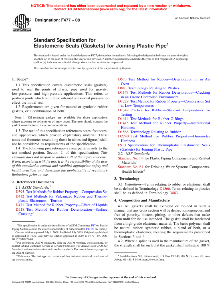 ASTM F477-08 - Standard Specification for  Elastomeric Seals (Gaskets) for Joining Plastic Pipe