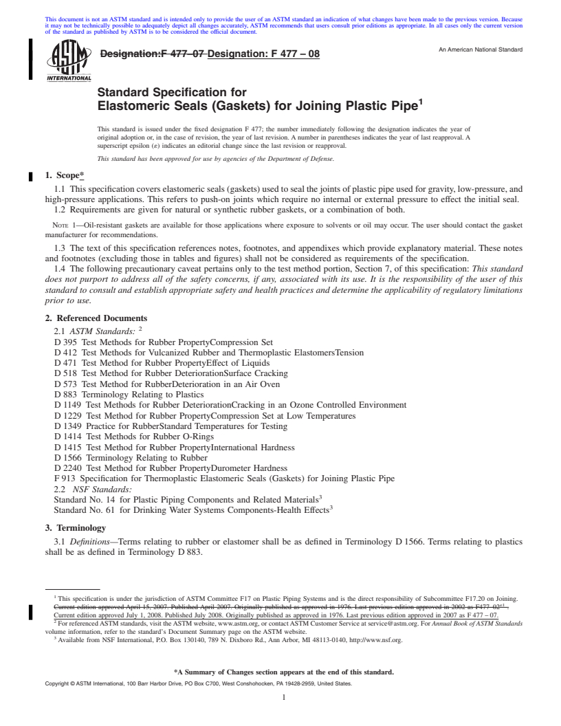 REDLINE ASTM F477-08 - Standard Specification for  Elastomeric Seals (Gaskets) for Joining Plastic Pipe