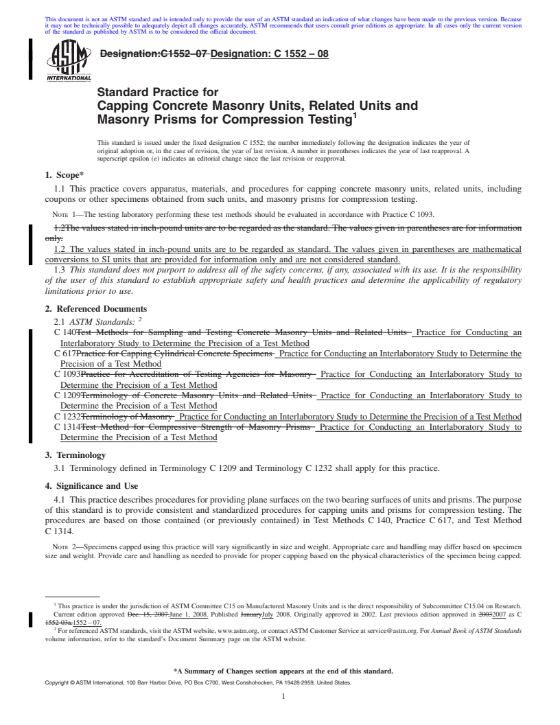 REDLINE ASTM C1552-08 - Standard Practice for Capping Concrete Masonry Units, Related Units and Masonry Prisms for Compression Testing