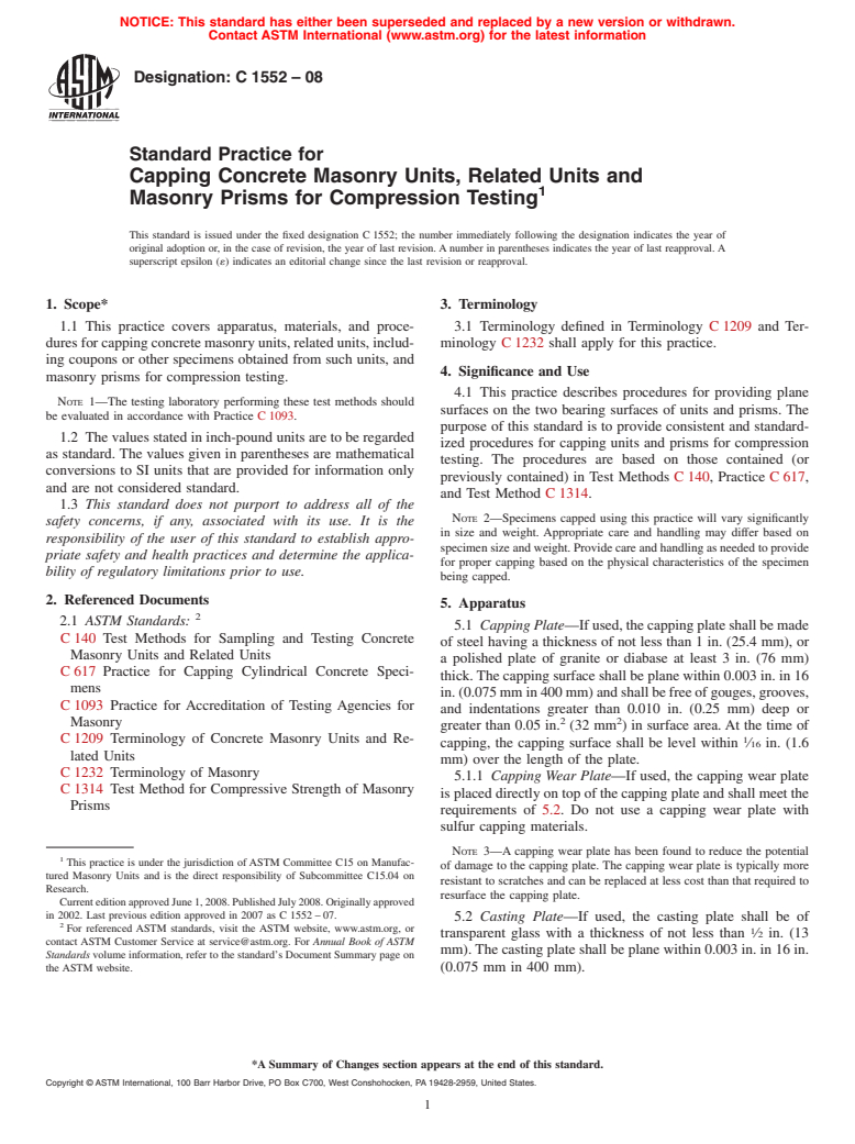 ASTM C1552-08 - Standard Practice for Capping Concrete Masonry Units, Related Units and Masonry Prisms for Compression Testing